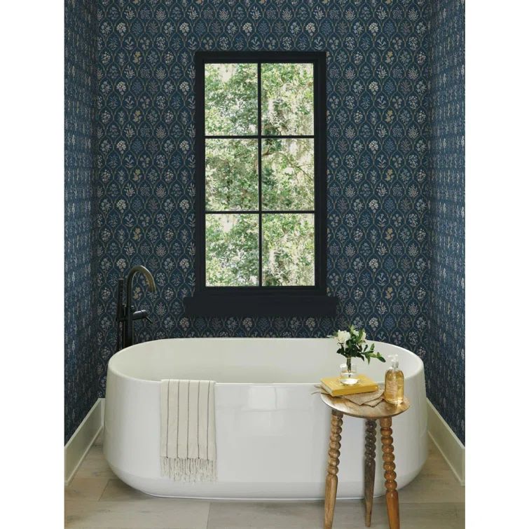 Navy and Gold Non-Woven Botanical Wallpaper, 27' x 27"