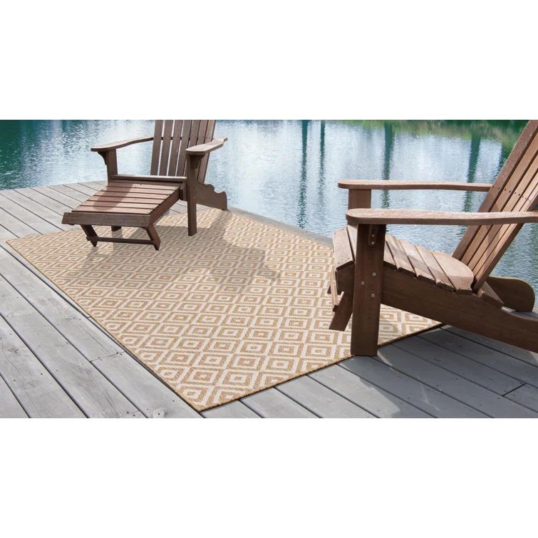 Beige Geometric 4' x 6' Easy-Care Synthetic Outdoor Rug