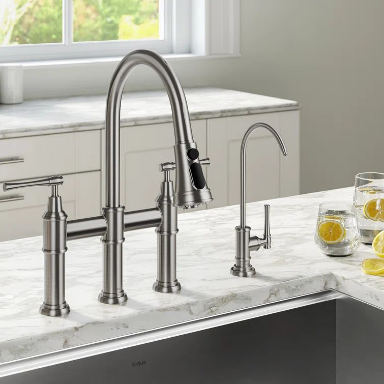 Stainless Steel Bridge Kitchen Faucet with Pull-out Spray and Filter