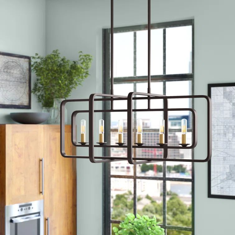 Quentin Buckeye Bronze Geometric 6-Light Chandelier with Heritage Brass Sleeves