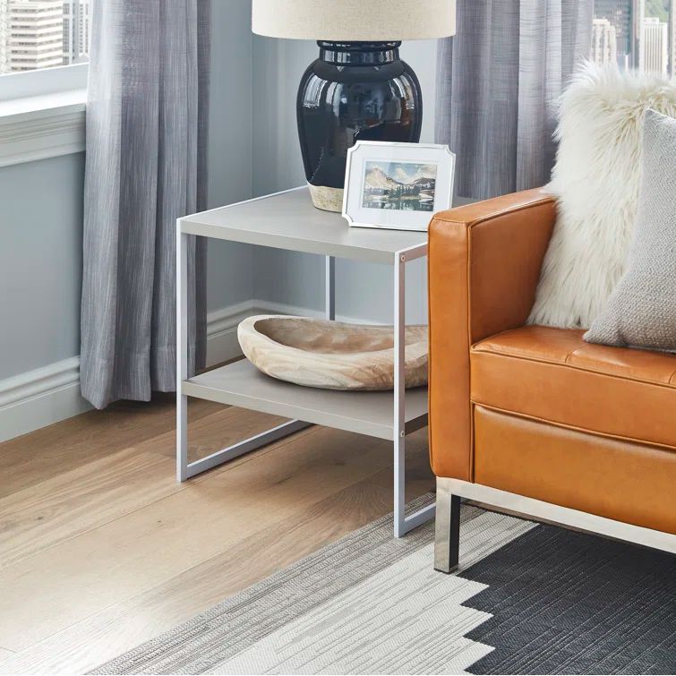 Smoky Taupe Square Wood and Metal End Table with Storage Shelf