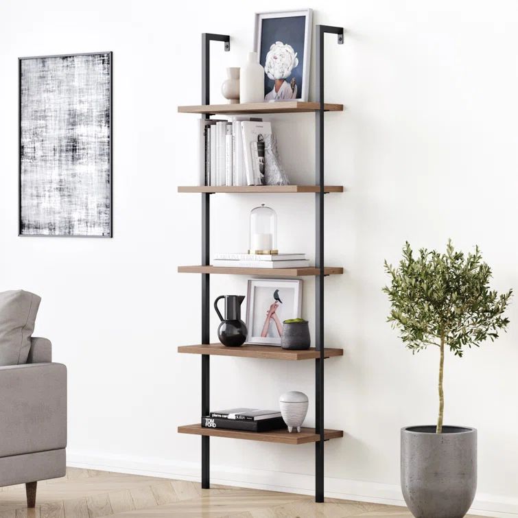 Theo Reclaimed Oak and Matte Black 5-Tier Ladder Bookshelf