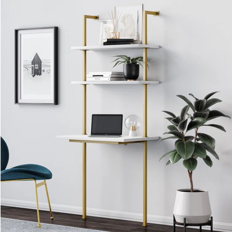 Theo White Wood Wall-Mounted Ladder Desk with Storage Shelves