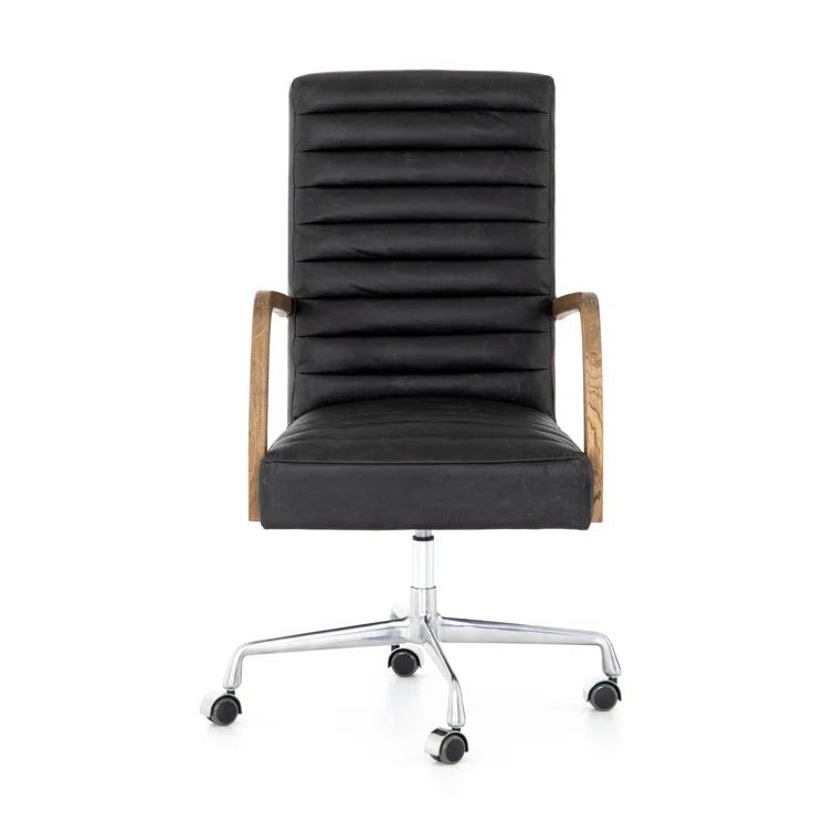 Black Leather Contemporary Conference Chair with Oak Arms