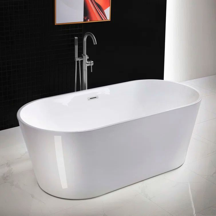 67" White Acrylic Freestanding Soaking Bathtub with Chrome Trim