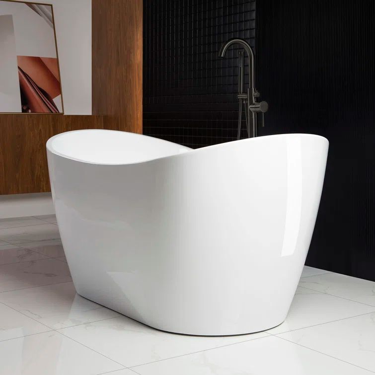 59" White Acrylic Freestanding Oval Bathtub with Matte Black Overflow