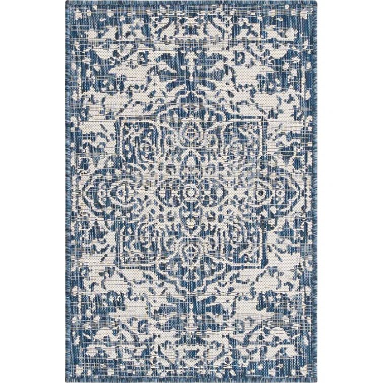 Blue Ivory Geometric Flatweave Synthetic Outdoor Rug