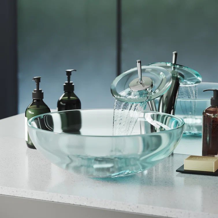 Cascade Clear Glass 16.5'' Vessel Sink with Waterfall Faucet