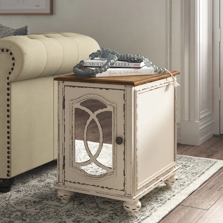 Antiqued Two-Tone Mirrored Cottage End Table with Storage
