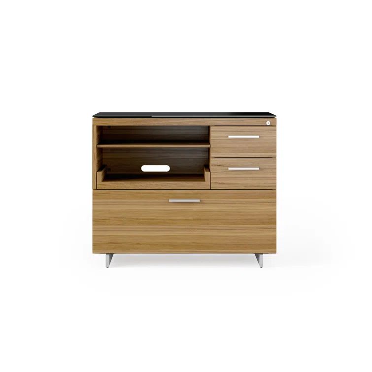 Natural Walnut and Satin Nickel Mobile Filing Cabinet with Black Glass Top