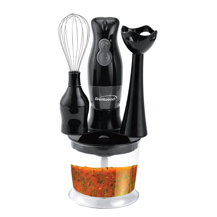 Black Stainless Steel 2-Speed Hand Blender with Food Processor Attachment