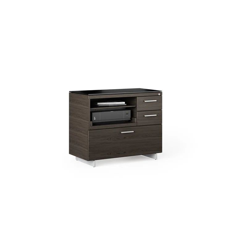 Charcoal Stained Ash and Satin Nickel Multifunction Cabinet with Glass Top