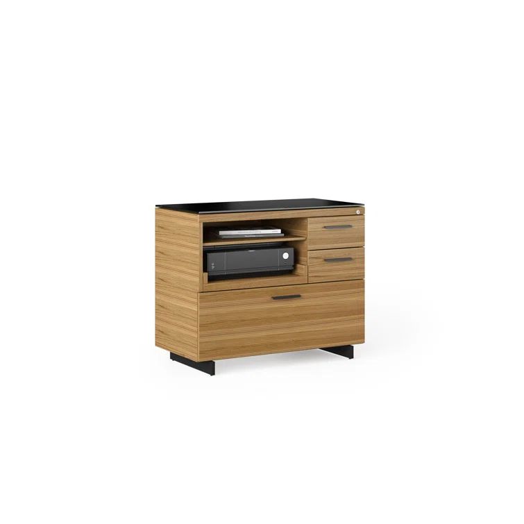 Natural Walnut and Black Mobile 3-Drawer Lockable Filing Cabinet