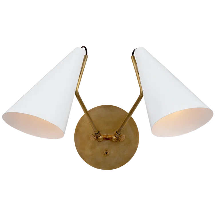Hand-Rubbed Antique Brass Double Sconce with White Shades