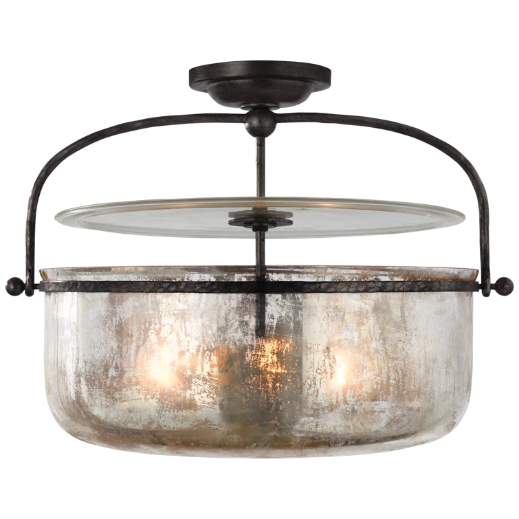 Lorford 15" Aged Iron Drum Semi Flush Mount with Mercury Glass