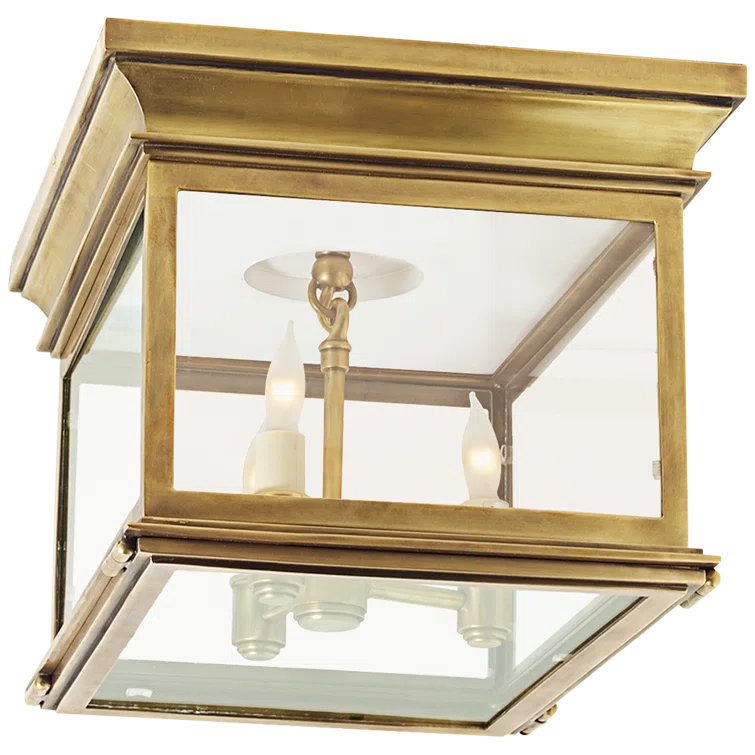 Antique-Burnished Brass and Glass 3-Light Flush Mount Fixture