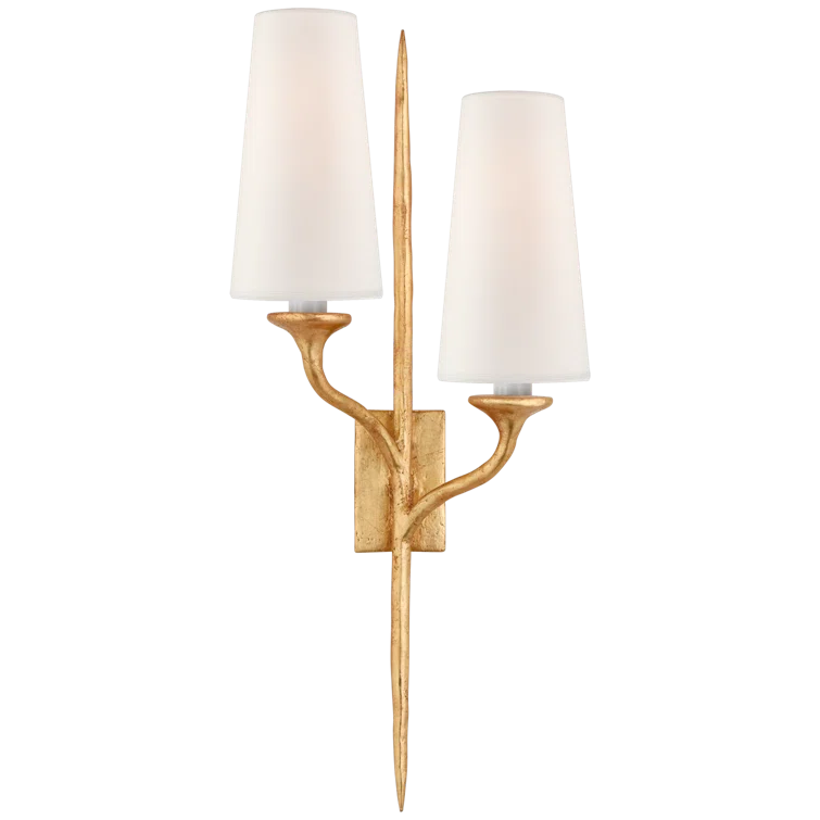 Iberia Elegance 24" Gold Leaf Double Wall Sconce with Linen Shades