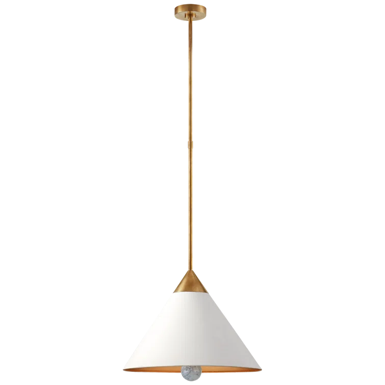 White and Brass Conical Pendant Light with Crystal Accents