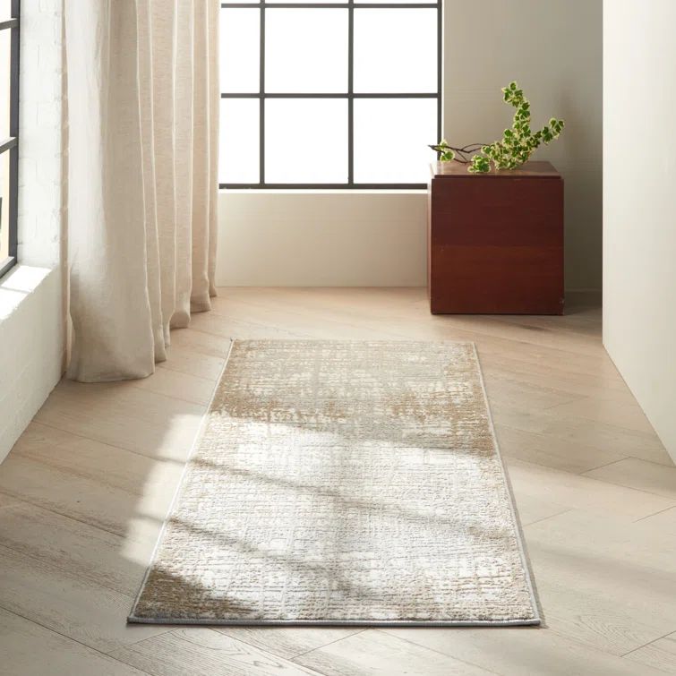 Luxurious Ivory Taupe Abstract Synthetic Runner Rug 2'3" x 7'3"