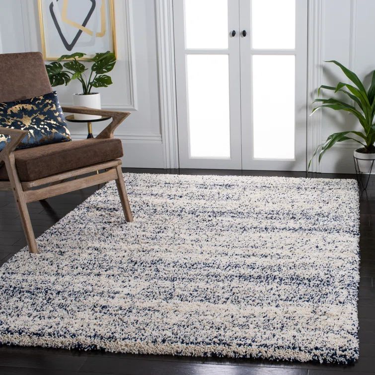Ivory and Navy Synthetic Shag Area Rug, 5'3" x 7'6"