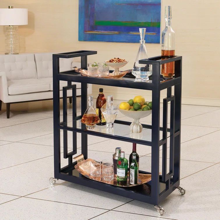 Mid-Century Grid Block 3-Tier Nickel Bar Cart with Storage