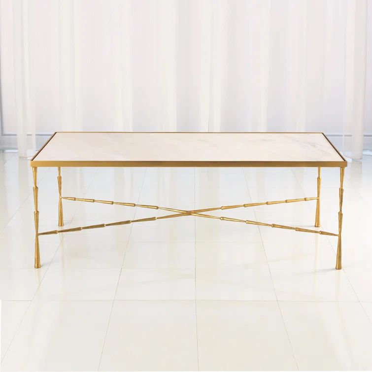 Antique Brass Spike Rectangular Cocktail Table with Marble Top