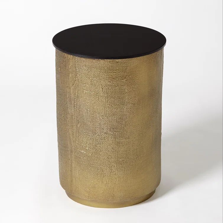 Antique Brass Round Metal Side Table with Black Granite Top