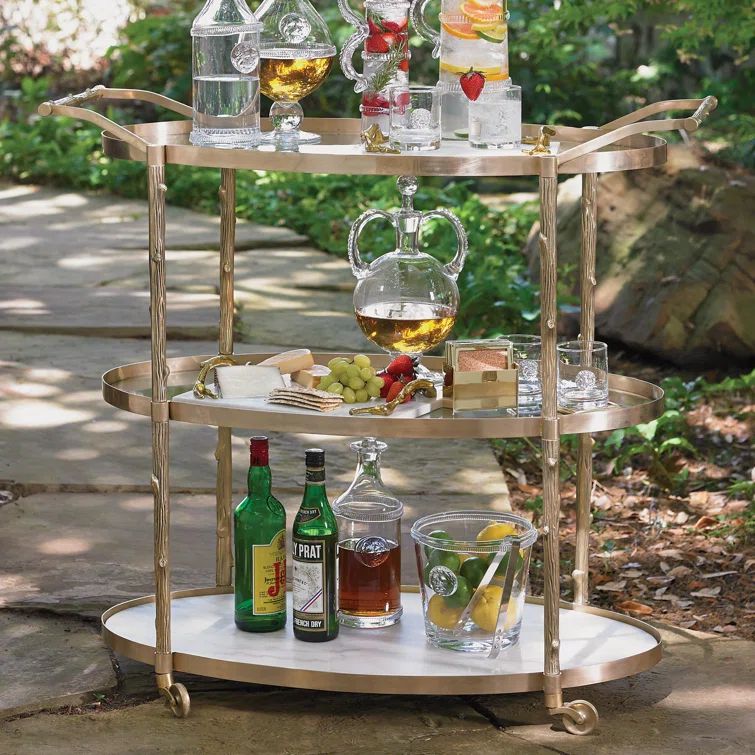 Brass and Marble 3-Tier Bar Cart with Wine Rack