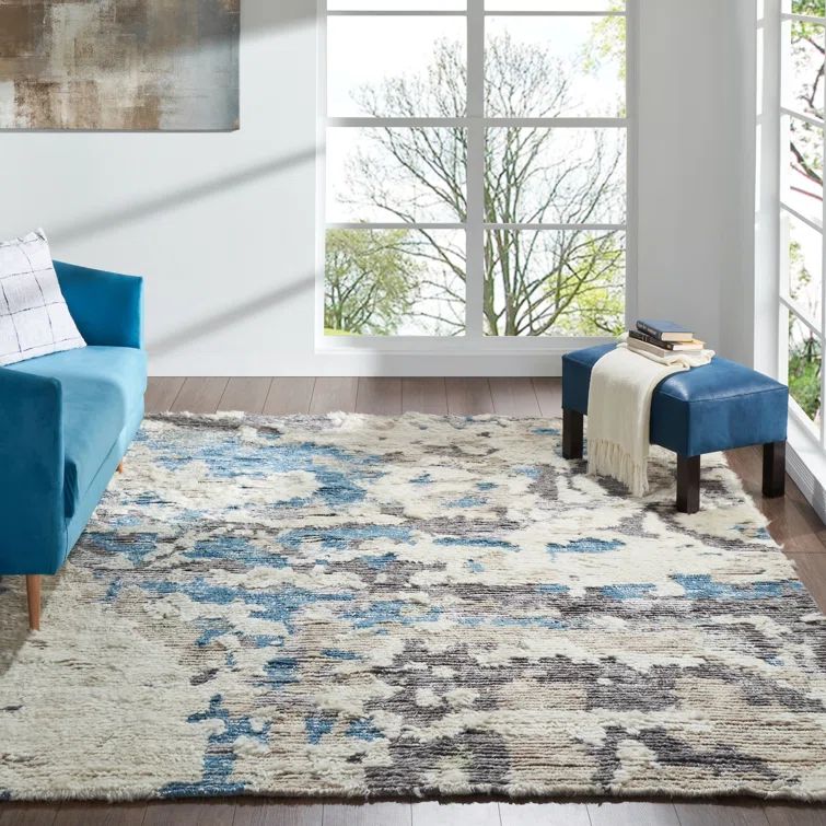 Handmade Grey and Blue Wool Shag Runner Rug