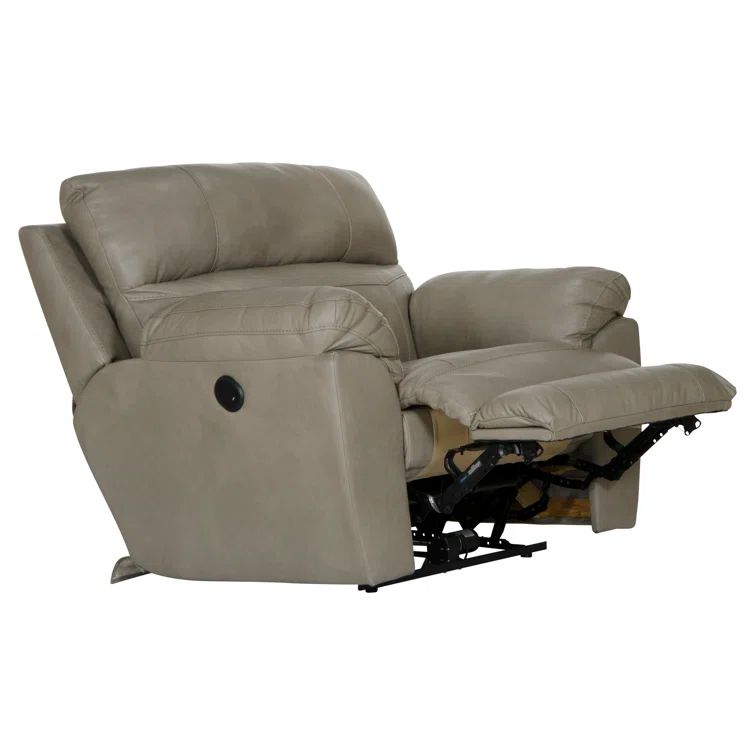 Putty Beige Leather Power Recliner with Pillow Arms