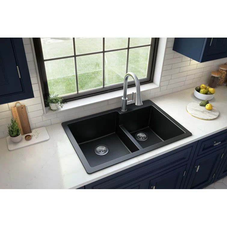 Black Quartz 33'' Double Bowl Top Mount Kitchen Sink