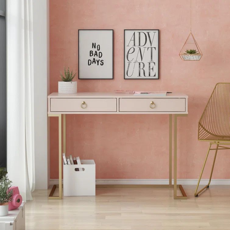 Pink Wood Writing Desk with Gold Metal Legs and Drawer