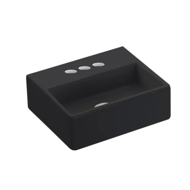 Glossy Black Ceramic Rectangular Wall-Mount Vessel Sink