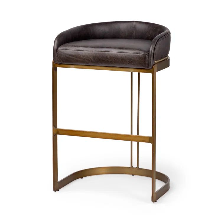 Hollyfield Black Leather and Brass Metal Bar Stool