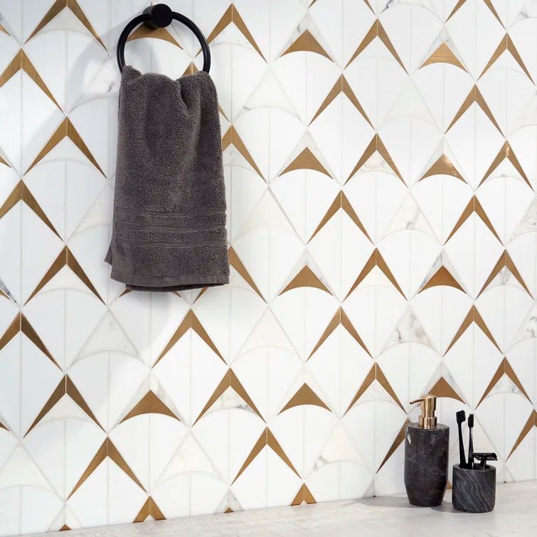 Larvotto White and Brass Polished Marble Mosaic Wall Tile