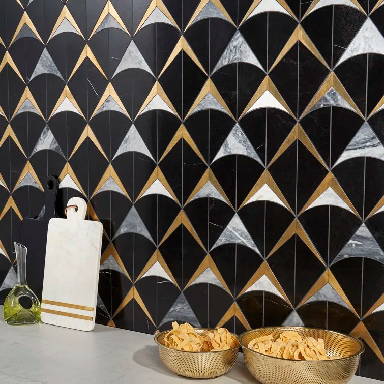 Larvotto Black Marble and Brass Diamond Mosaic Wall Tile