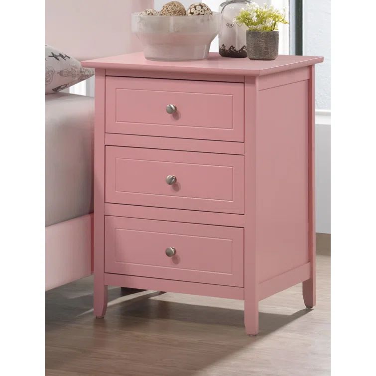 Pink 3-Drawer Solid Wood Nightstand