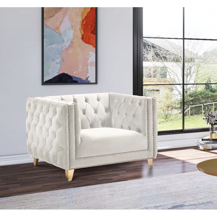 Elysian Cream Velvet Tufted Armchair with Gold Iron Legs