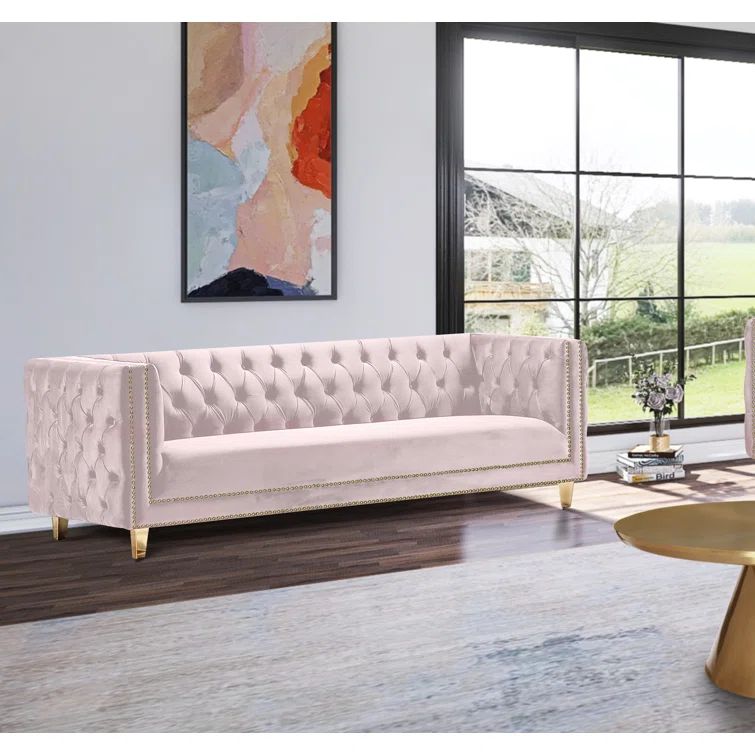 Michelle Plush Pink Velvet Sofa with Gold Nailhead Trim 90"