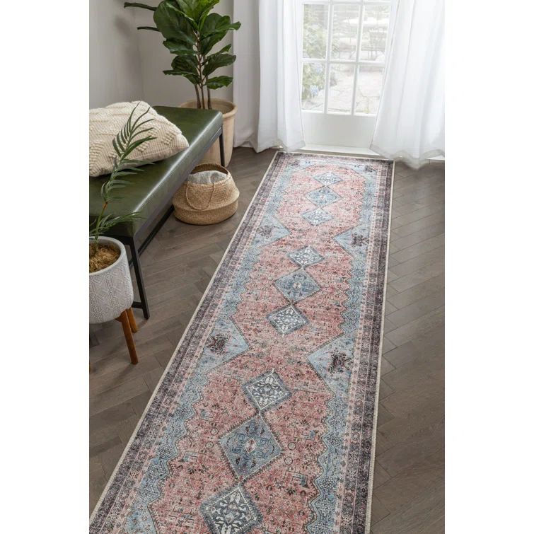 Light Blue and Pink Oriental Chenille Runner Rug