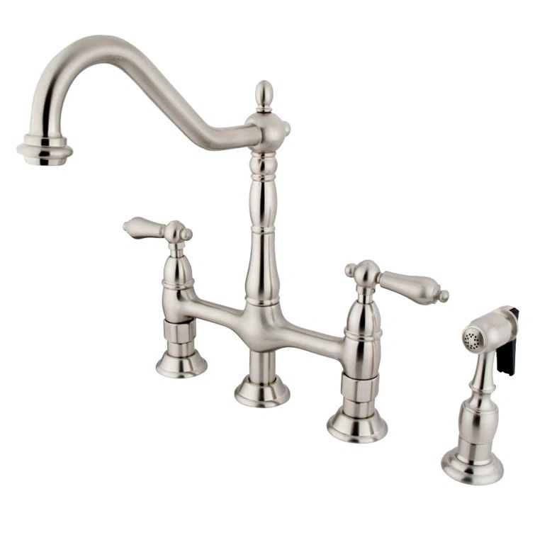 Heritage Brushed Nickel Bridge Kitchen Faucet with Side Sprayer