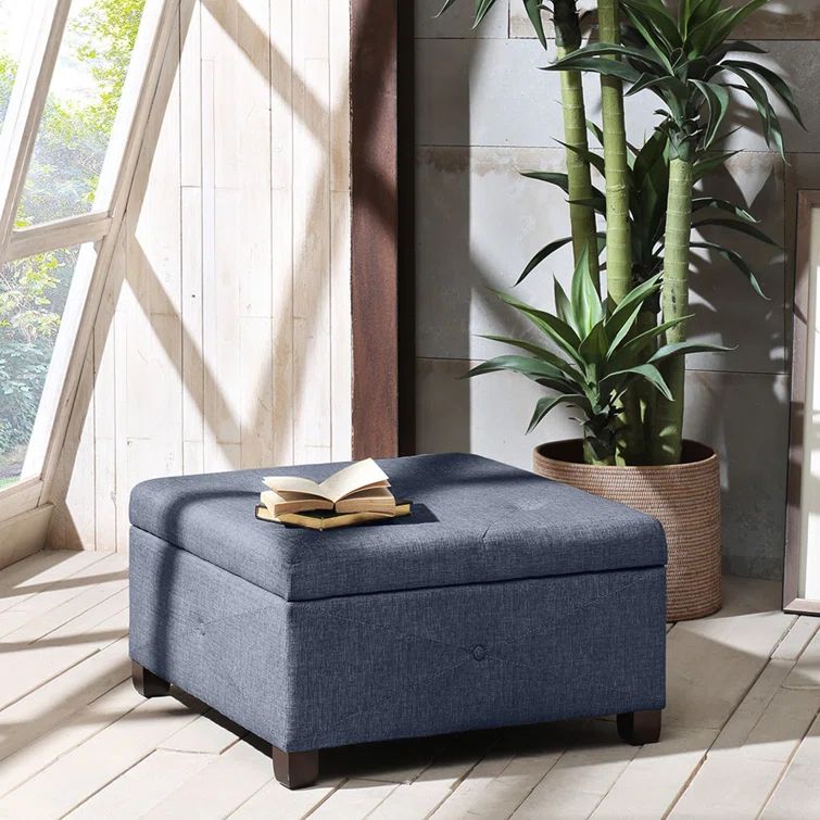 Blue Button Tufted Square Storage Ottoman with Dark Wood Legs