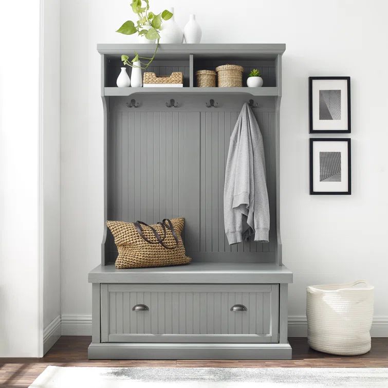 Distressed Gray Coastal Hall Tree with Storage and Hooks
