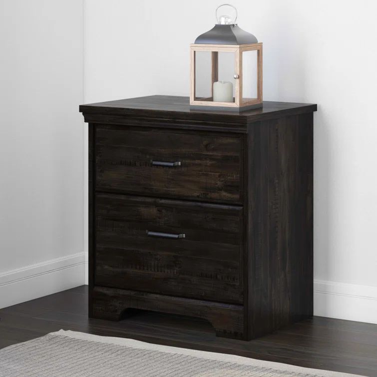 Rustic Rubbed Black 2-Drawer Nightstand with Elegant Metal Handles