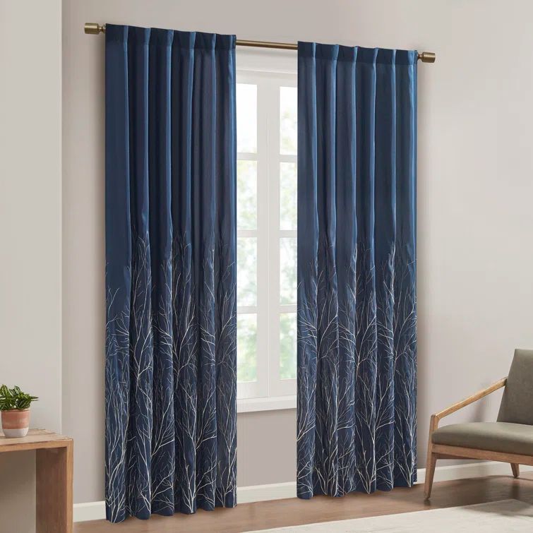 Navy Faux Silk Embroidered Branch Puddle Length Curtain Panel