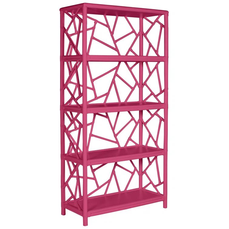 Hot Pink Rattan and Wood 4-Tier Etagere Bookcase