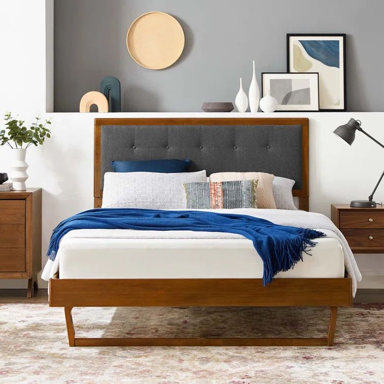 Mid-Century Walnut Charcoal Tufted King Platform Bed with Slats