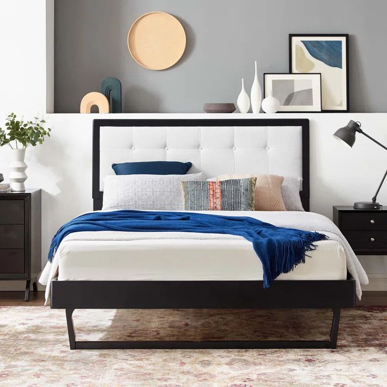 Willow Black and White Twin Wood Platform Bed with Tufted Upholstered Headboard