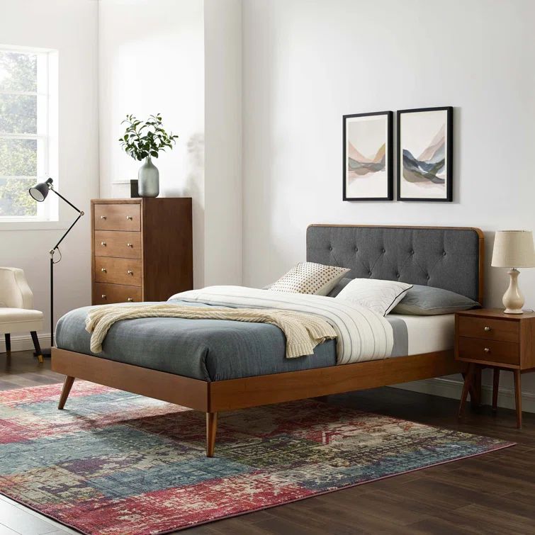 Mid-Century Charcoal and Walnut King Platform Bed with Tufted Headboard