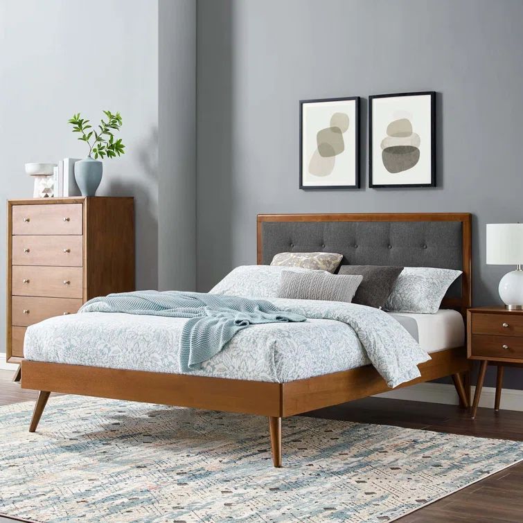 Mid-Century Charcoal Tufted Full Bed with Wooden Frame and Splayed Legs